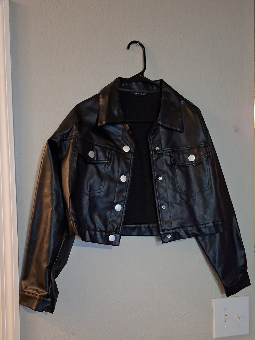 Black Faux Leather Cropped Jacket - Women